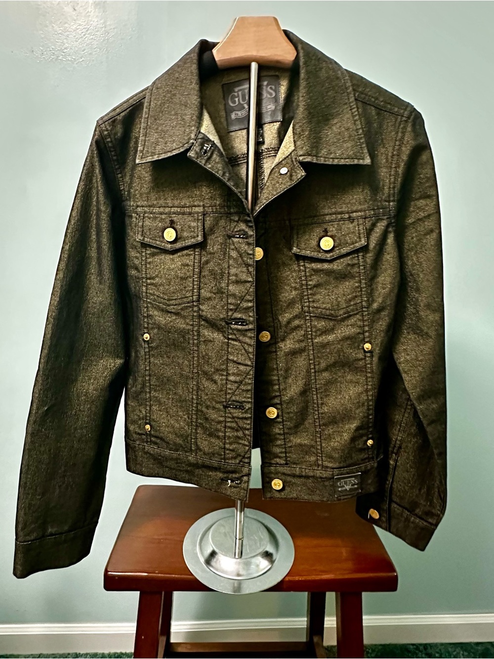 Vintage GUESS Metallic Gold Thread Black Denim Trucker Jacket - Size M